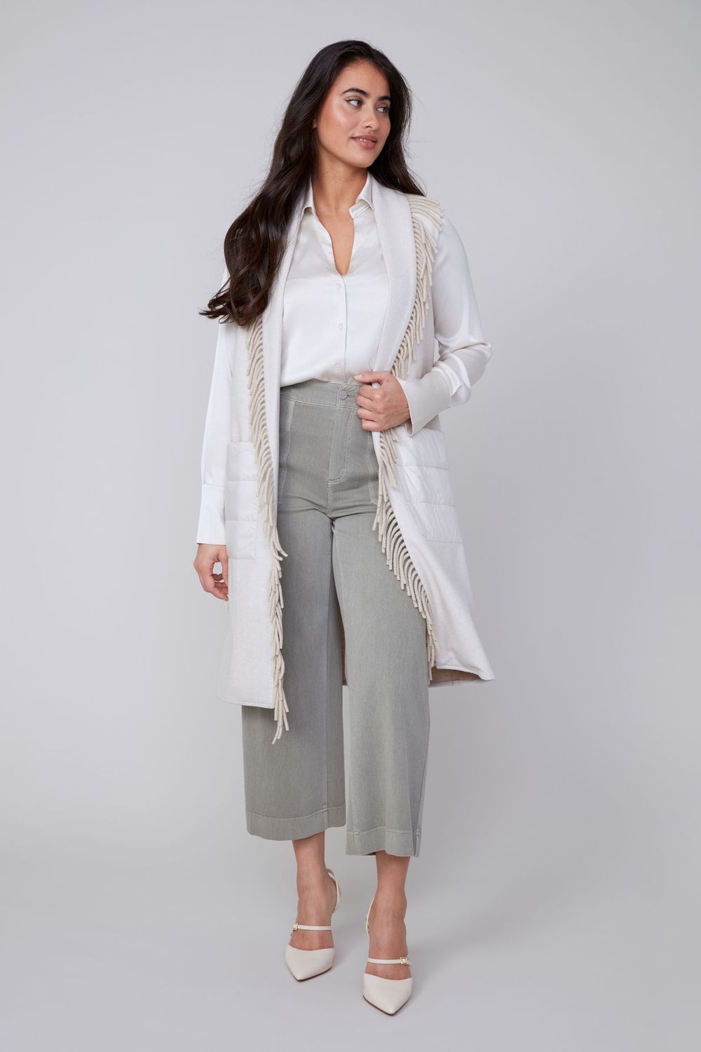 Renuar Fringed Long Open Vest (R3915) Oatmeal