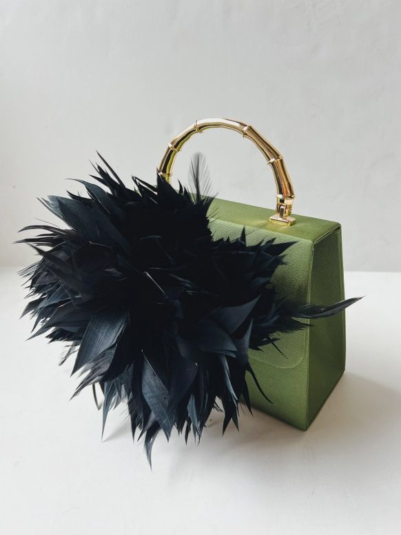 Green Faille Lulu - Gold Bamboo Handle &amp; Black Feather