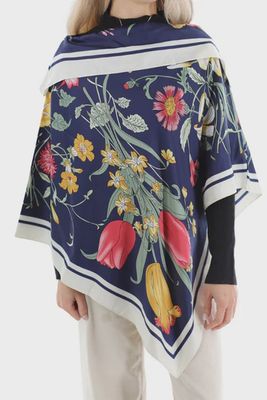 La Fiorentina Floral Print Poncho - Navy