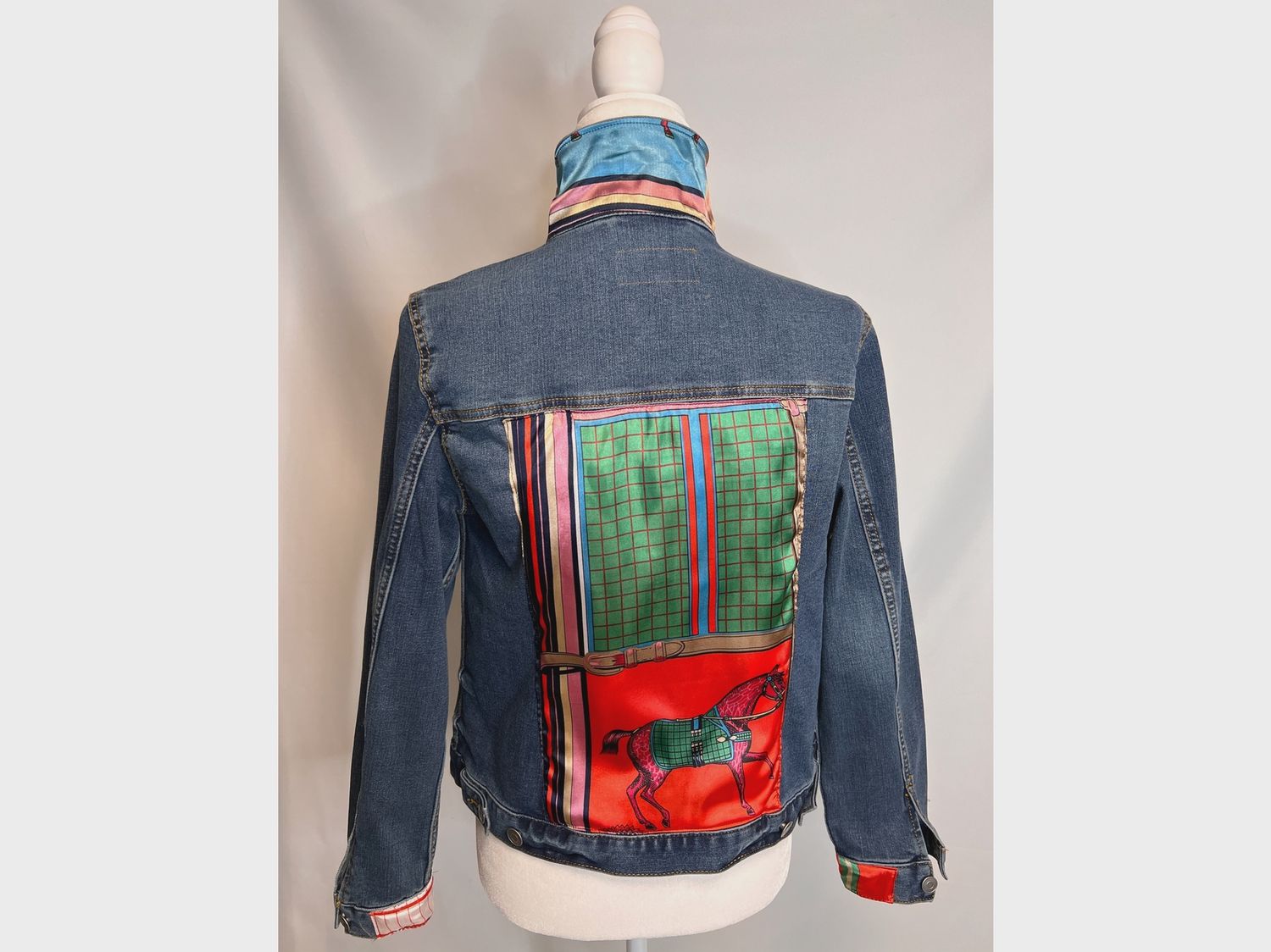 J. Coffey Colorful Horses Scarf on Denim Jacket
