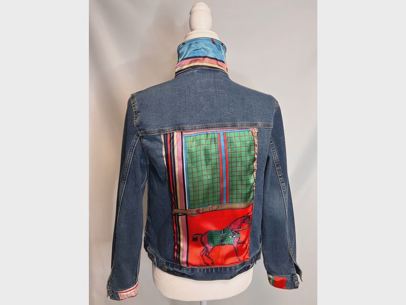 J. Coffey Colorful Horses Scarf on Denim Jacket