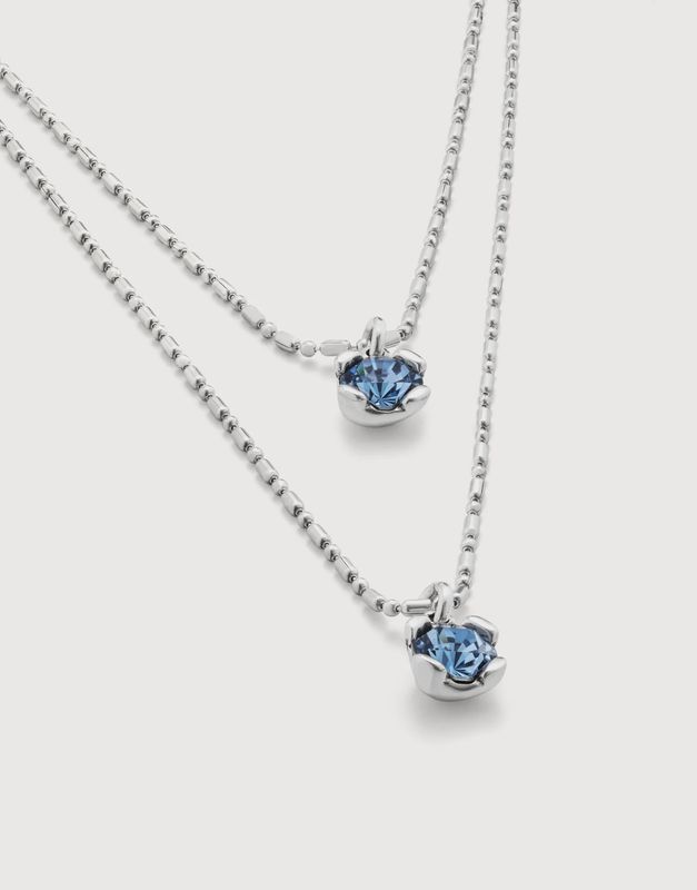 Double Chain and Blue Pendant Necklace - Silver