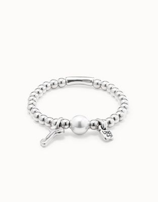 Beaded Stretch Bracelet with Pearl and Key Charm - Silver