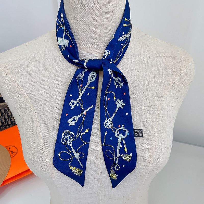 Ribbon Scarf with Round Orange Gift Box - Key Print - Blue