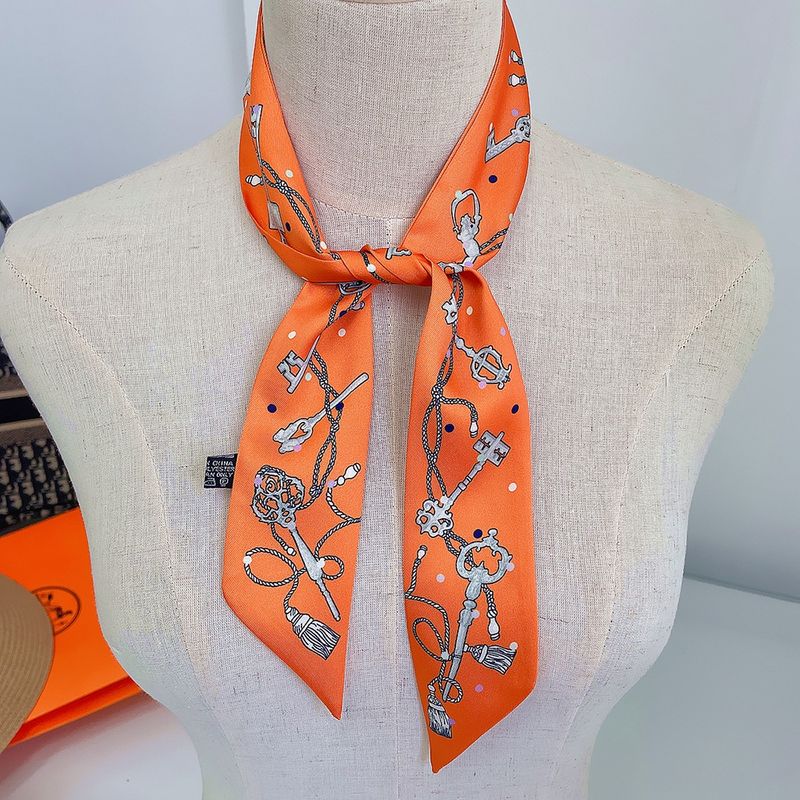 Ribbon Scarf with Round Orange Gift Box - Key Print - Orange