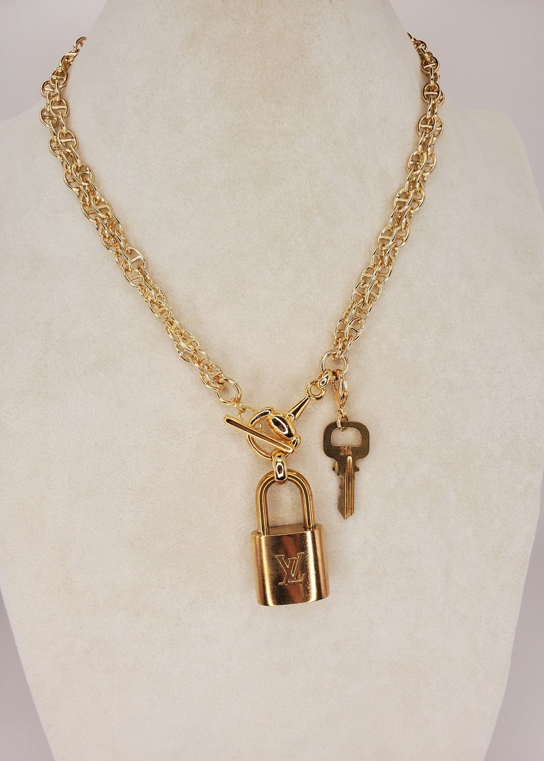 Long Gold Equestrian Toggle Necklace w/ Louis Vuitton Lock &amp; Key
