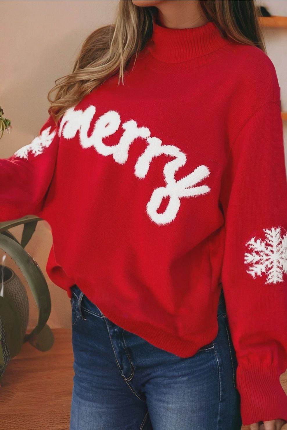 LDC Merry Snowflake Christmas Turtleneck Sweater - Fiery Red