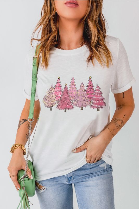 LDS Pink Christmas Trees Tee Shirt - White