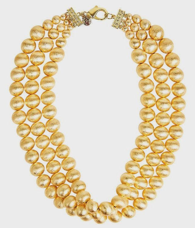 Gold Brushed Beaded Triple Strand Necklace