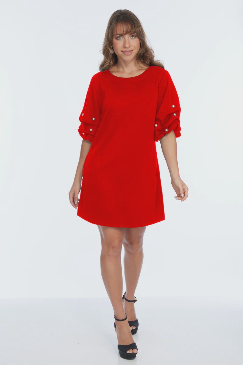 Lior &quot;Daffodil&quot; Puff Sleeve with Pearls Knit Dress - Red