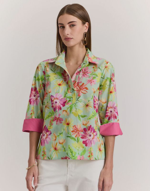 Hinson Wu "Aileen" 3/4 Sleeve Shirt (1611284) Green Floral
