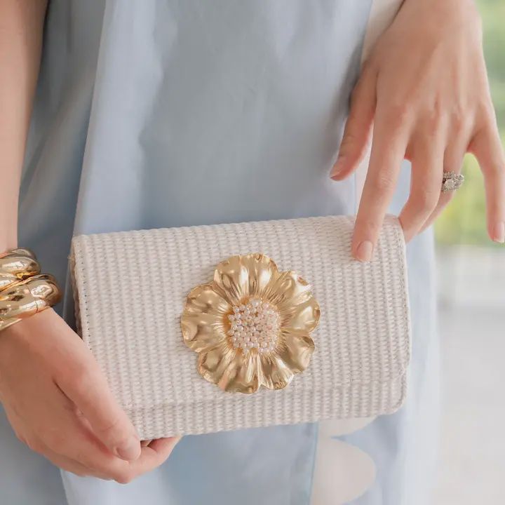 White Raffia Ruby Clutch