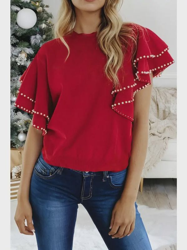 LDC Red Ruffle Sleee sweater w/ Pearls