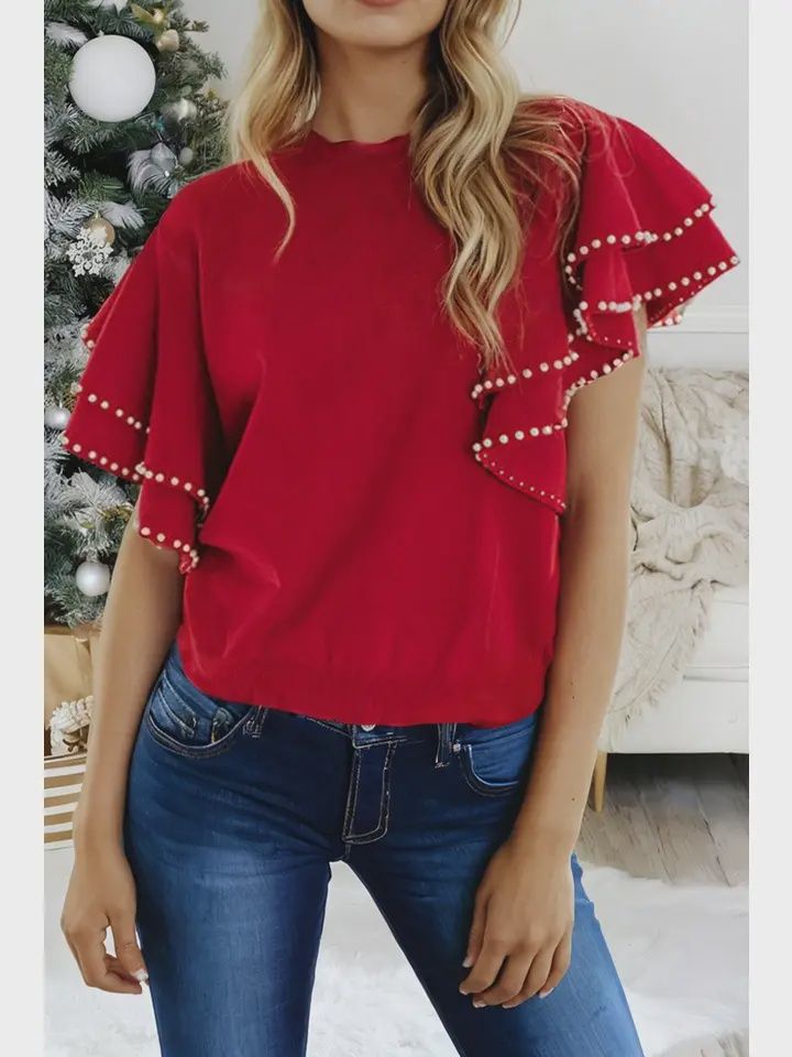 LDC Red Ruffle Sleee sweater w/ Pearls, Size: Medium
