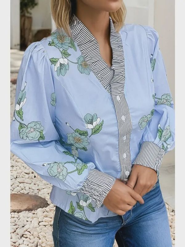 LDC Flower Ruffle Blouse-Sky Blue