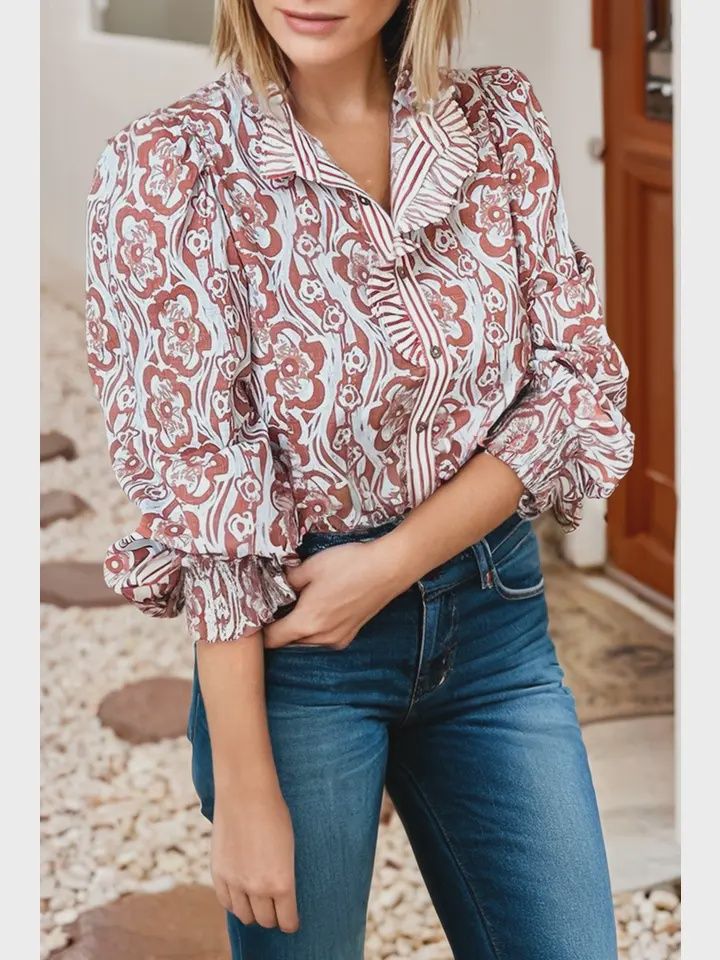 LDC Floral Red Blouse w/ Red Stripe, Size: Small