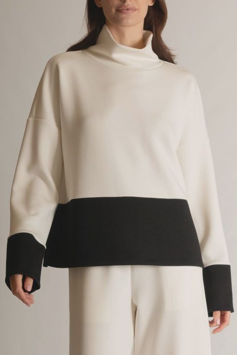 P Cill Butter Modal Color Block Top-Mock Neck, Color: Black/Ivory, Size: XS
