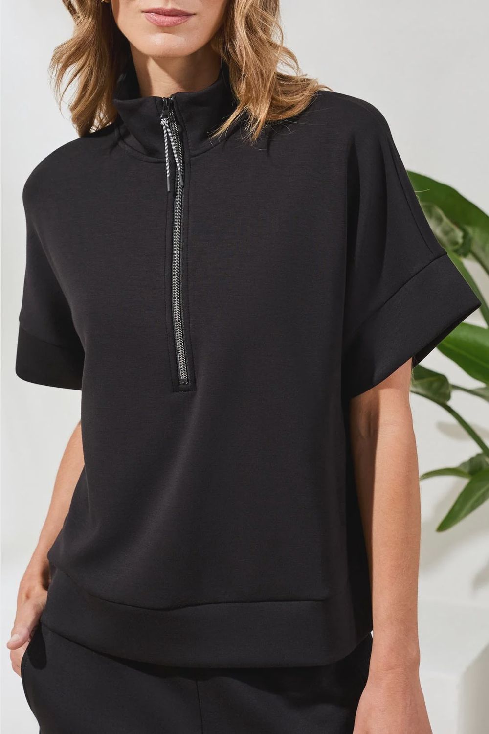 Tribal Techno Luxe Mock Neck Zipper Top (3019O), Color: Black, Size: Small