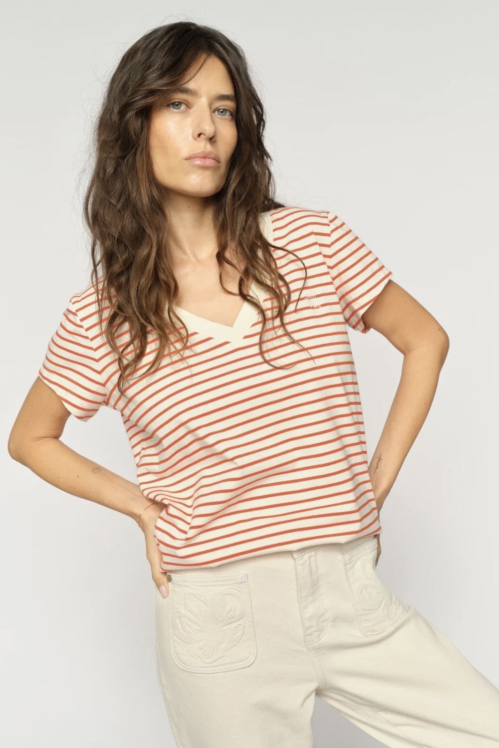 t-shirt Mosmosh Kala v-neck  stripe orange creme