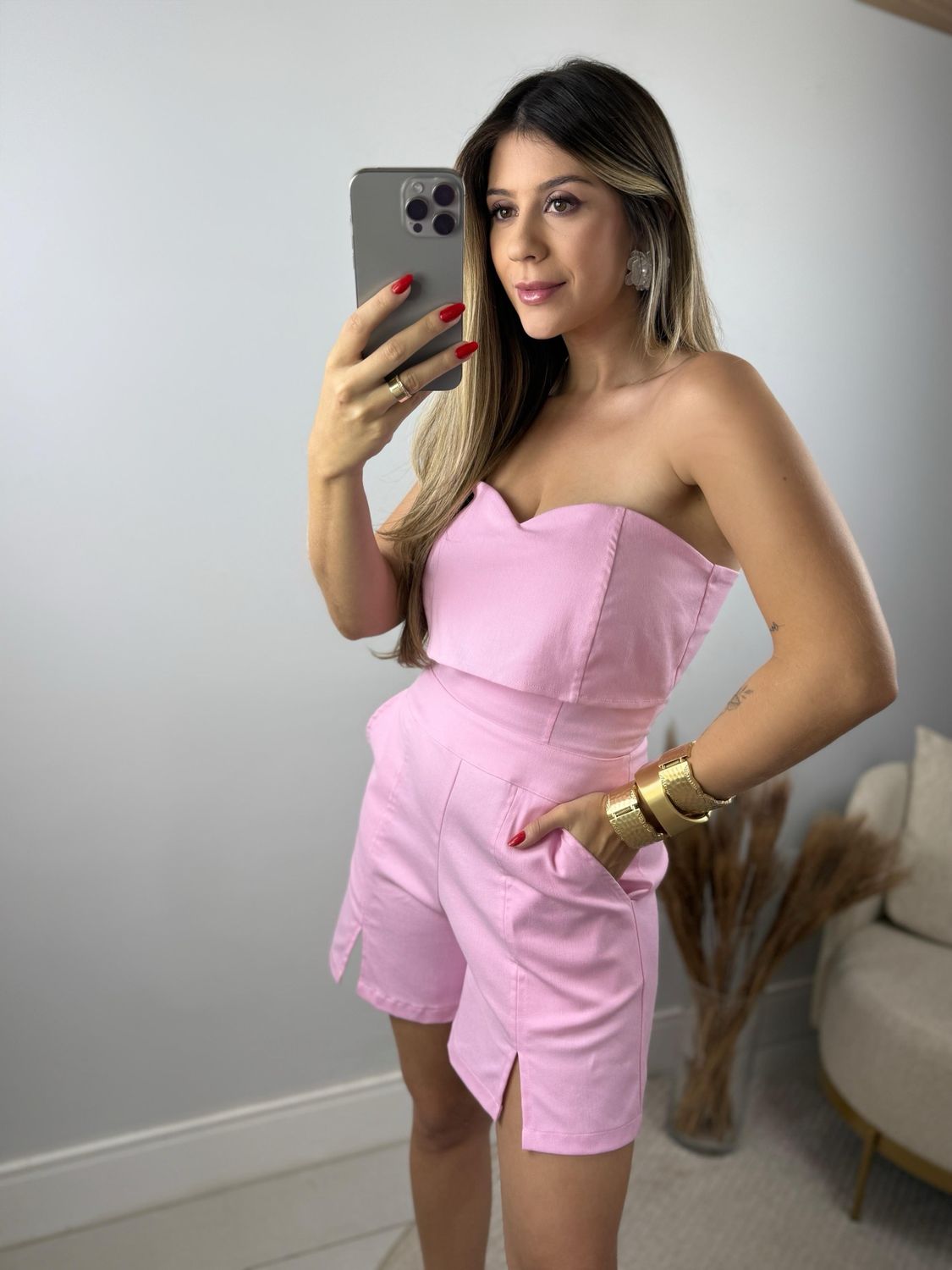 Chic Pink Strapless Romper with Front Slits