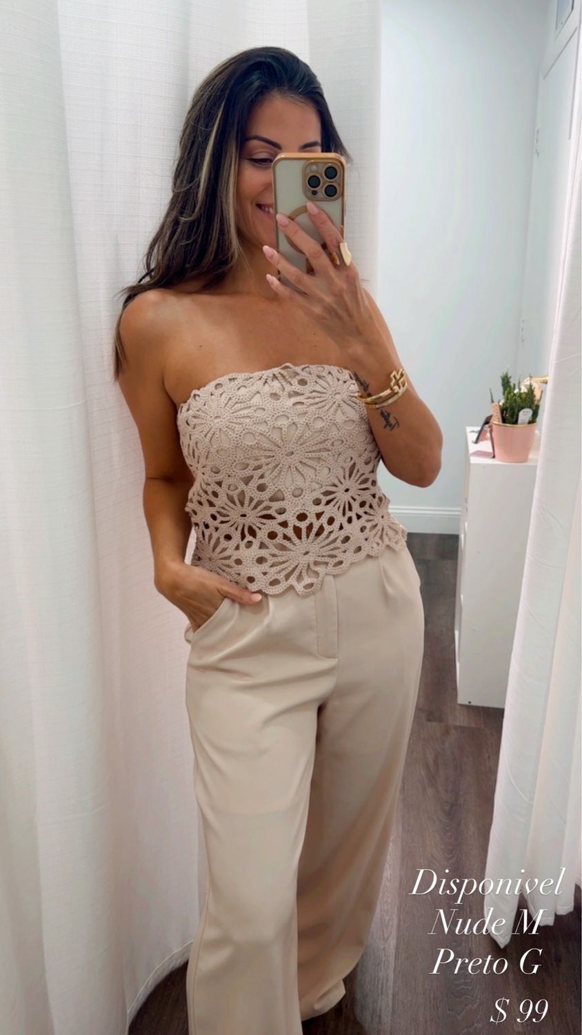 Tailored Pants Set with Crochet Lace Top – Handmade Elegance