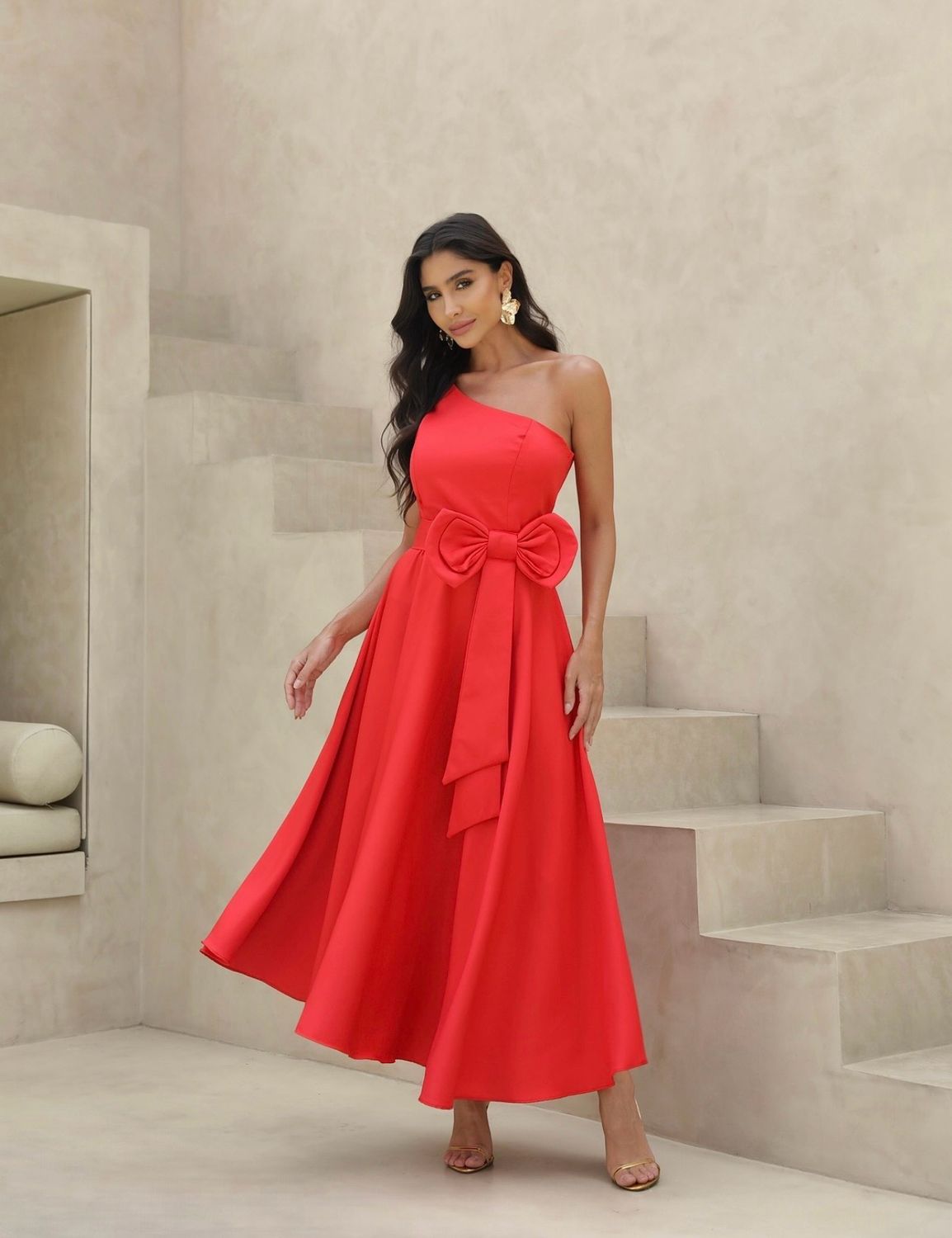 One-Shoulder Midi Dress with Statement Bow