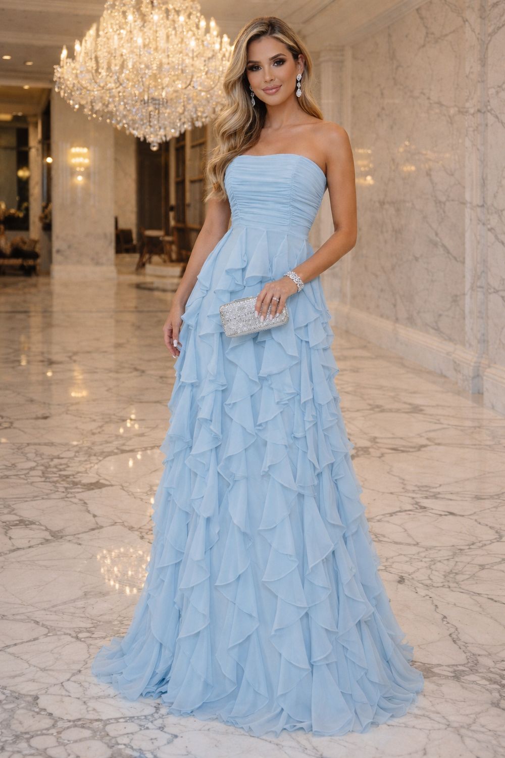 Elegant Sky Blue Ruffle Strapless Maxi Dress
