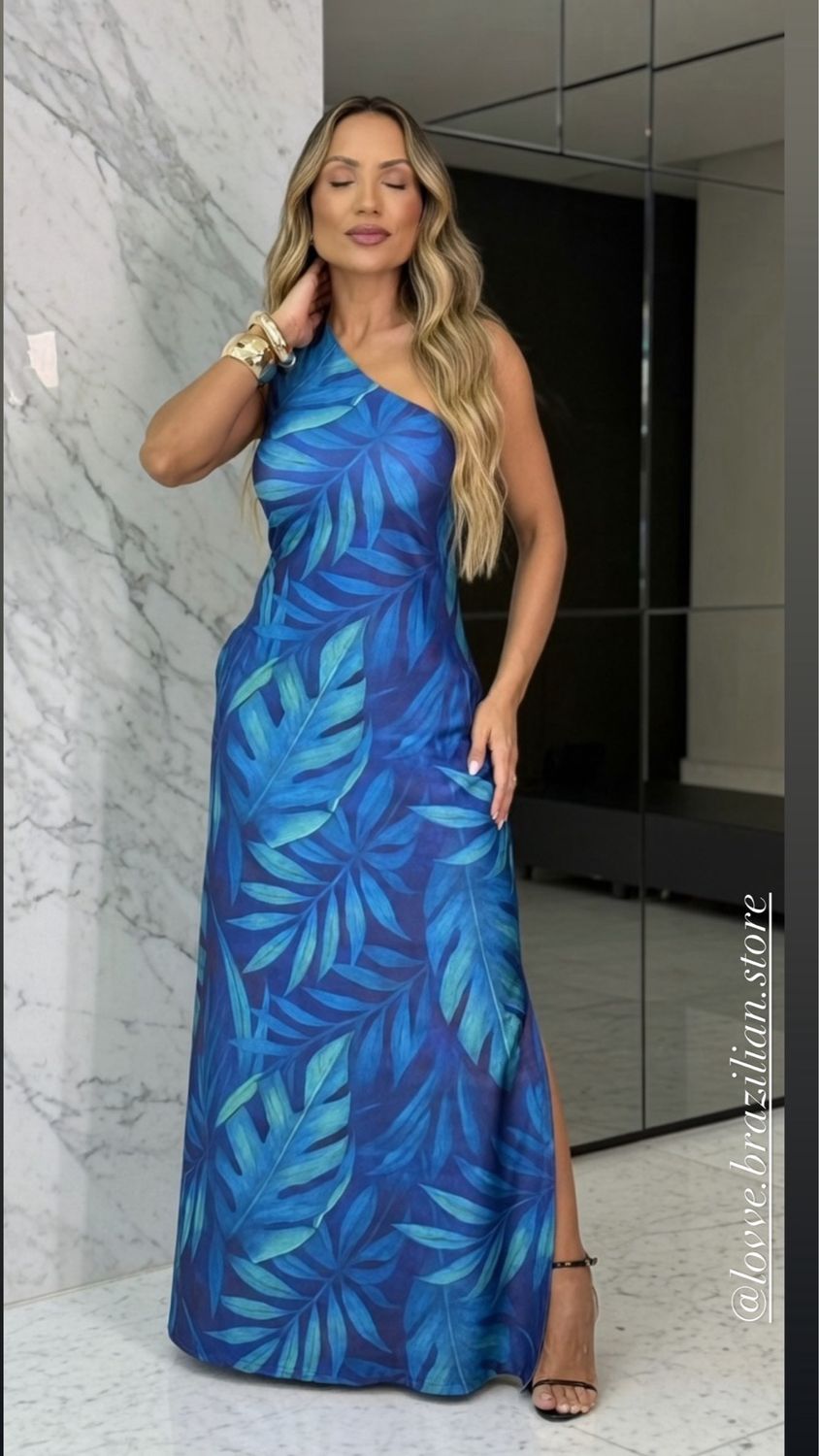 Brazilian One-Shoulder Tropical Maxi Dress