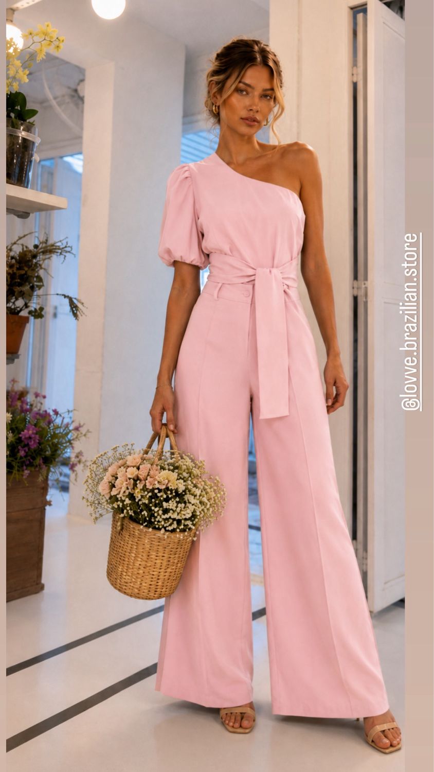 Baby Pink One-Shoulder Tailored Pant Set