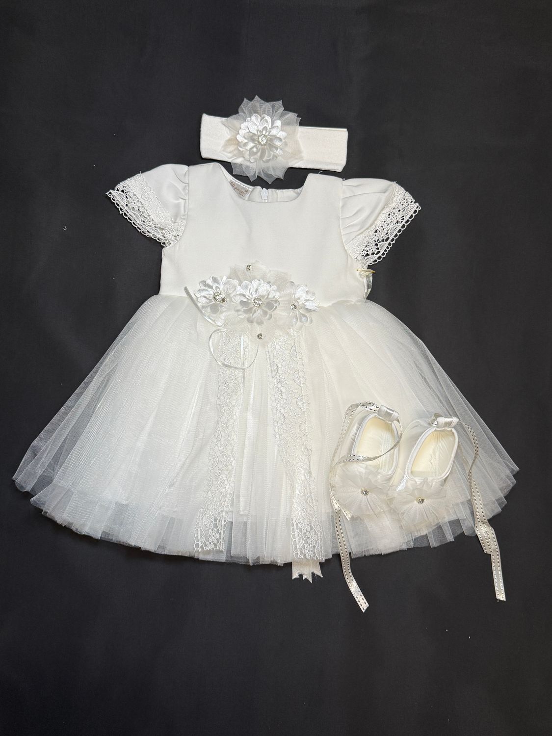 WHITE SHEAR AND LACE CHRISTENING DRESS