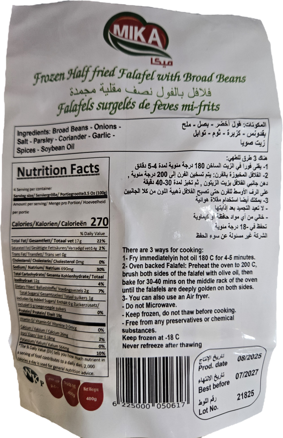 Mika - Frozen Half-Fried Falafel Beans - 400 grams Package