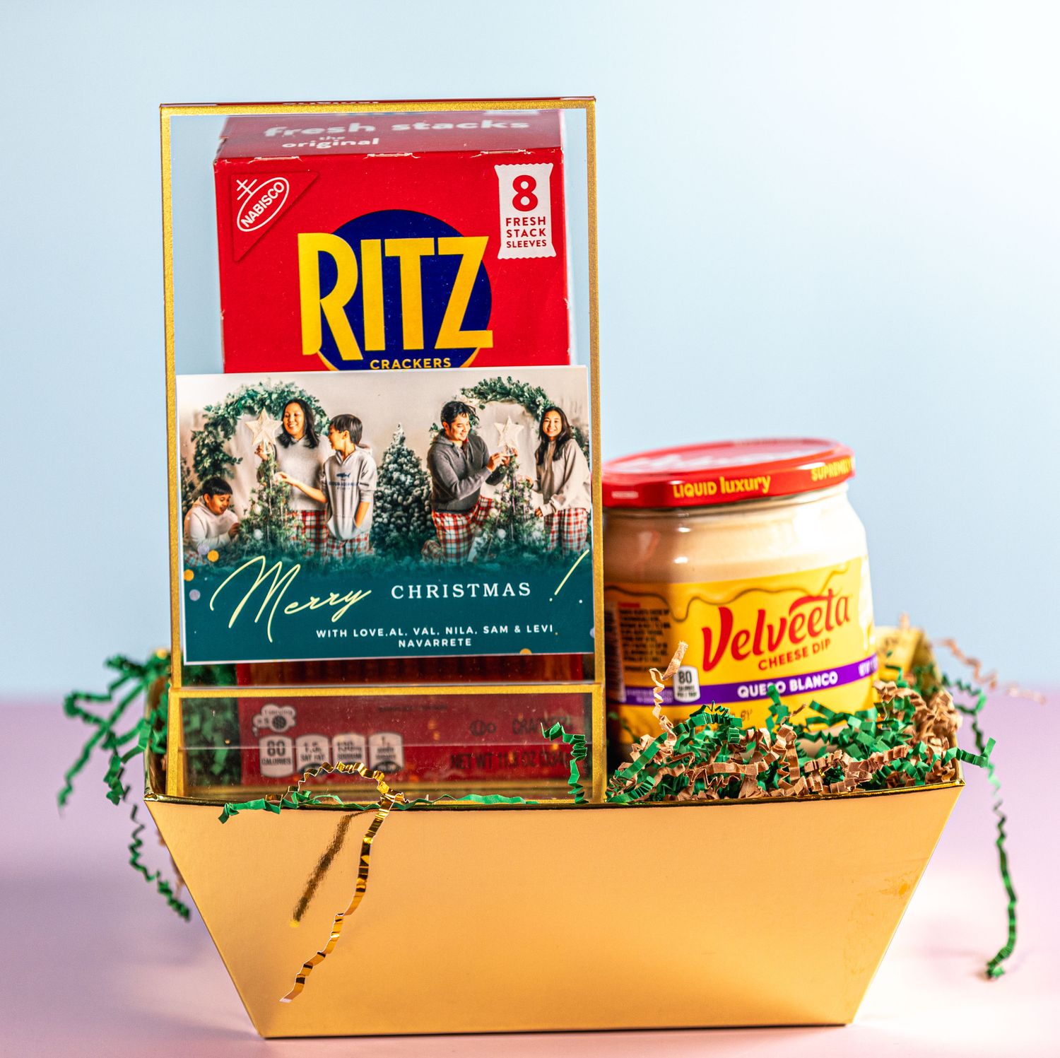 Gold Box, Ritz Crackers, Quest Blanco and Acrylic Gold Photo Frame