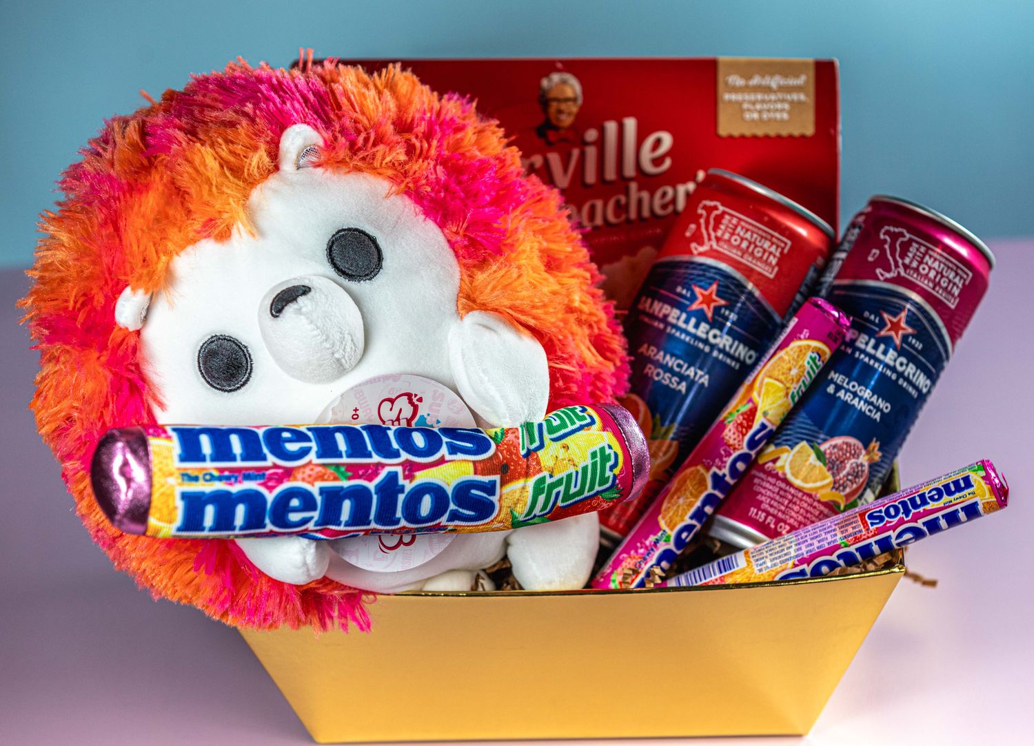 Gold Box, Hedgehog, San Pellegrino, Mentos, popcorn