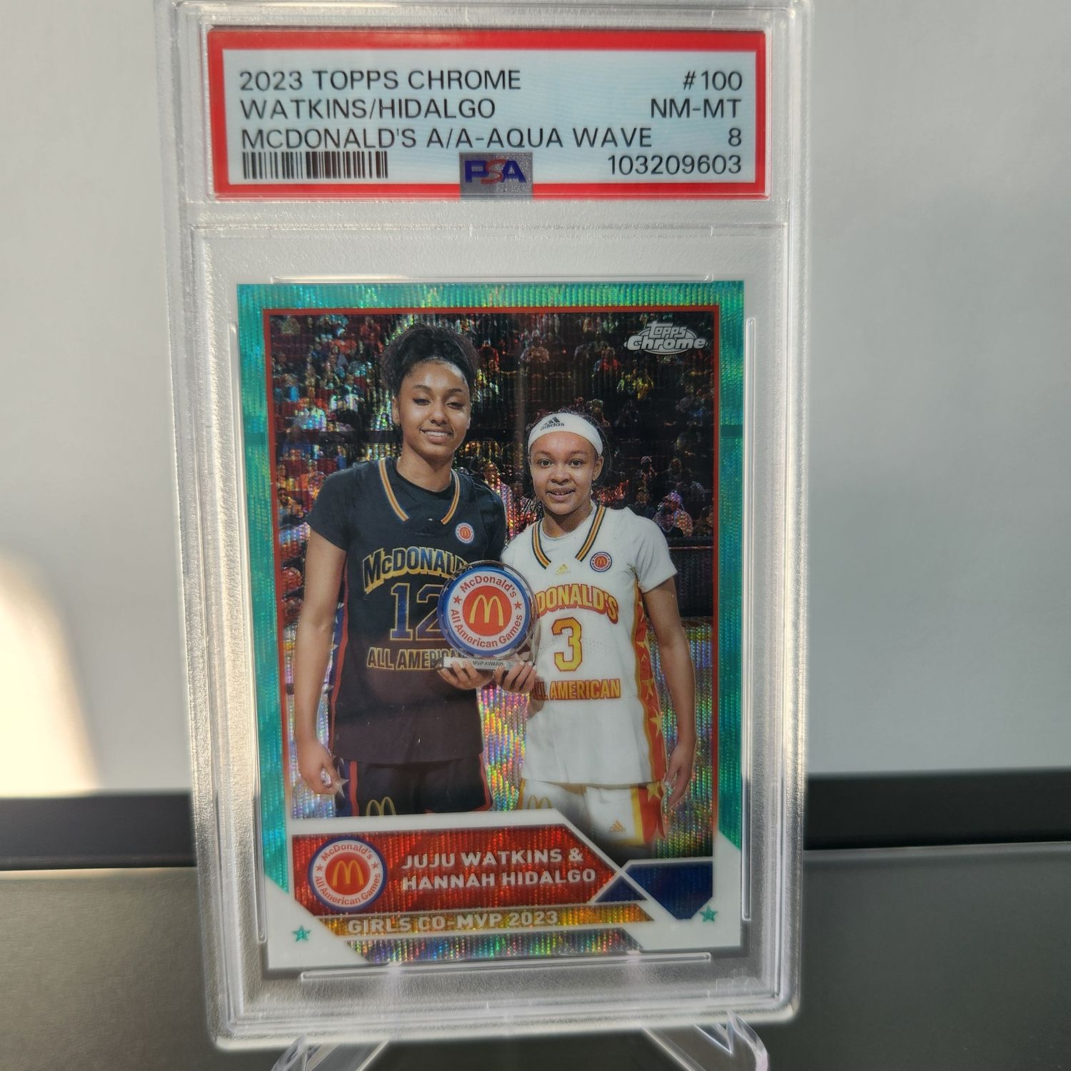 2023 Topps Chrome Juju Watkins / Hidalgo McDonalds All American Aqua Wave /199 PSA 8
