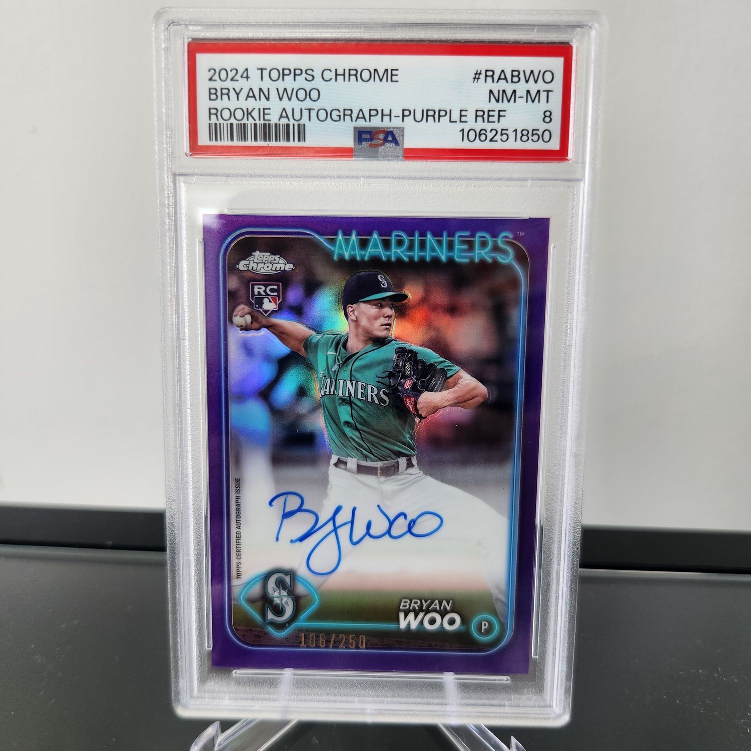 2024 Topps Chrome Bryan Woo Rookie Autograph - Purple Refractor PSA 8