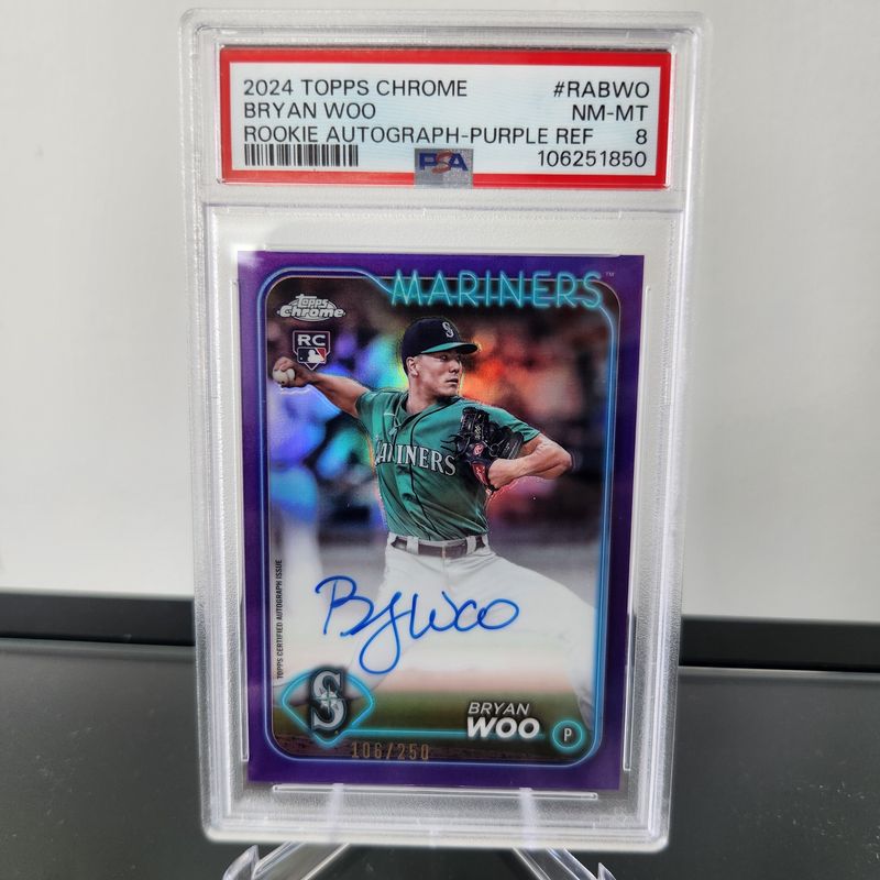 2024 Topps Chrome Bryan Woo Rookie Autograph - Purple Refractor PSA 8