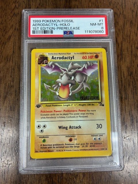 1999 Pokemon Fossil Aerodactyl Holo 1st Edition Pre Release PSA 8