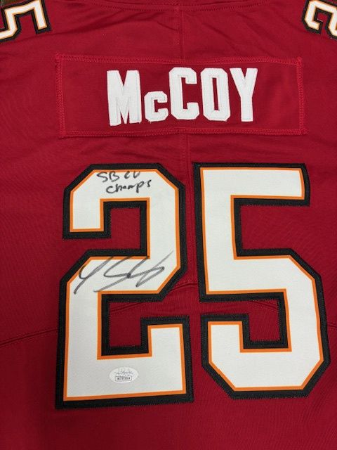 LeSean McCoy Autographed Buccaneers #25 Jersey &quot;SB LV Champs&quot; JSA Authenticated