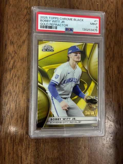 2025 Topps Chrome Black Bobby Witt Jr Gold Refractor /50 PSA 9