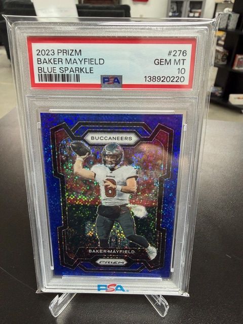 2023 Prizm Baker Mayfield Blue Sparkle #'d /96 PSA 10