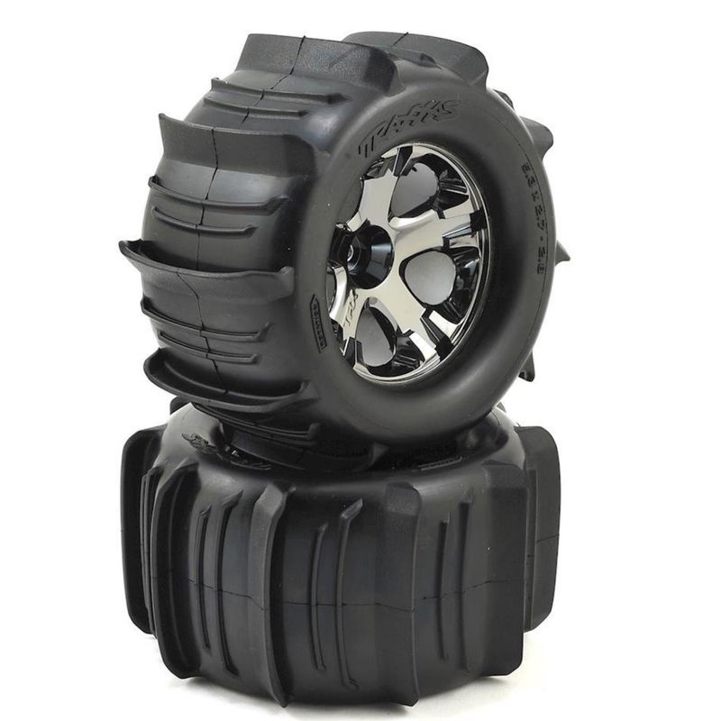 #4175  Traxxas Paddle Tires 2.8" Pre-Mounted w/All-Star Nitro Front Wheels (2) (Black Chrome)