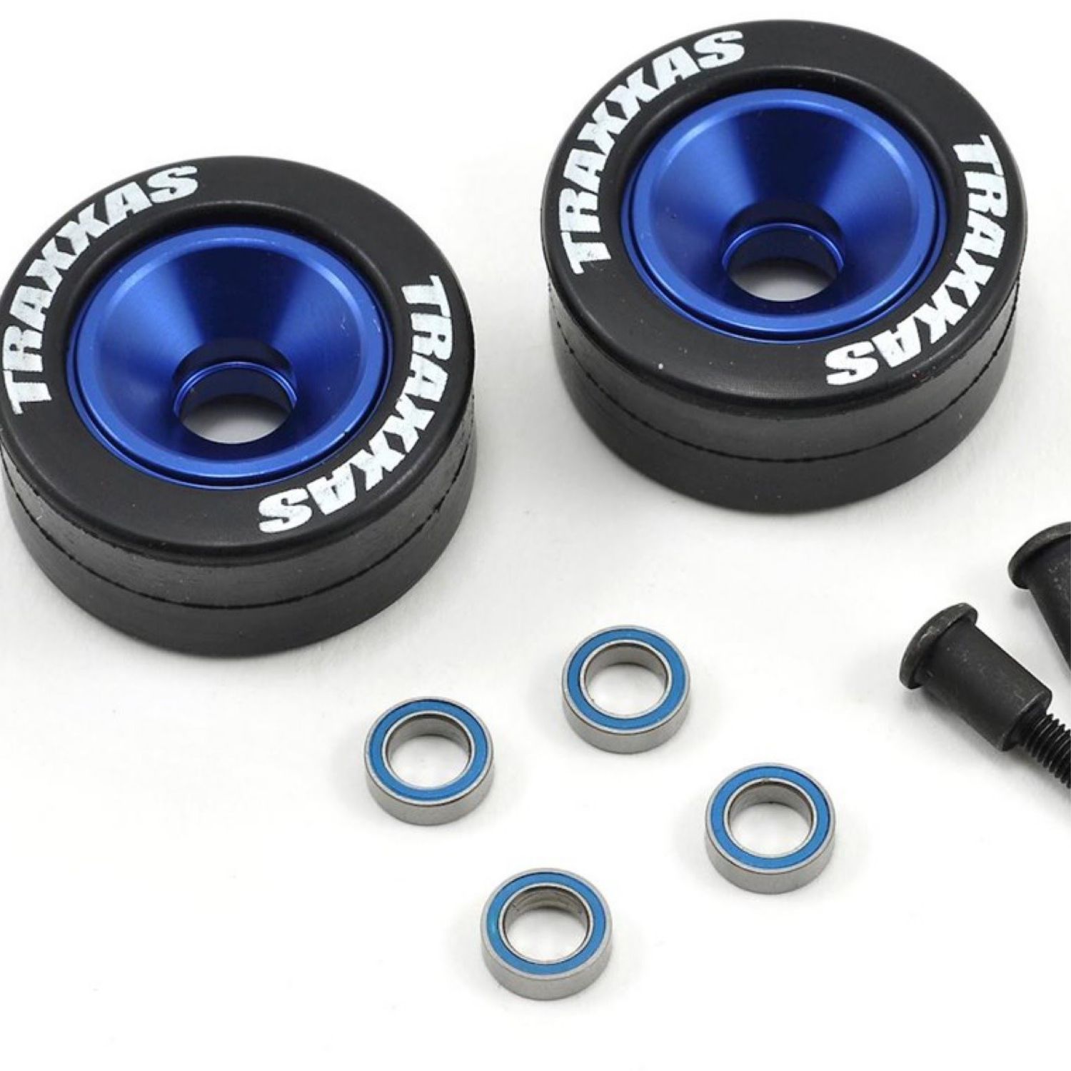 #5186A Traxxas Aluminum Wheelie Bar Wheel Set w/Rubber Tires (Blue) (2)