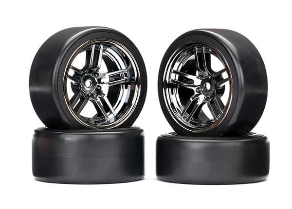 #8378 Traxxas 4-Tec 2.0 1.9" Front &amp; Rear Pre-Mounted Drift Tires (Black Chrome) w/12mm Hex Split-Spoke Wheels (4)