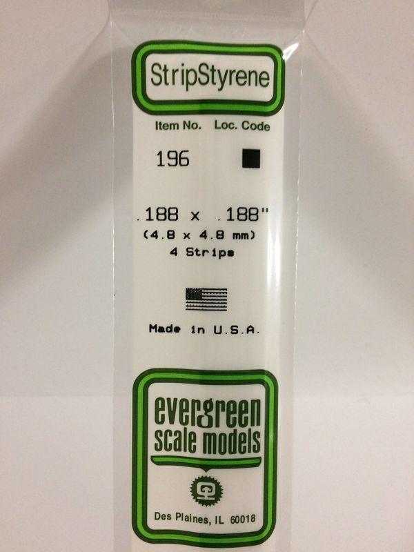 Evergreen 196 - .188" X .188" OPAQUE WHITE POLYSTYRENE STRIP