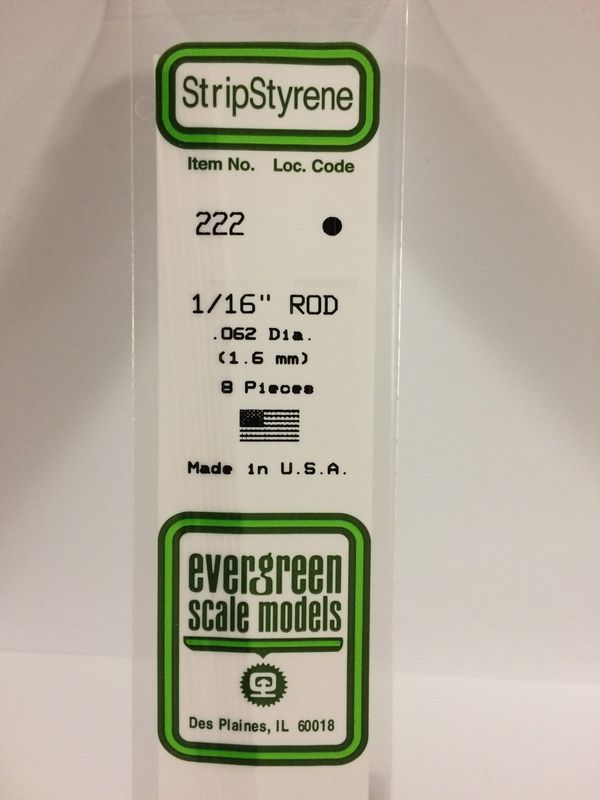 Evergreen Scale Models Polystyrene Round Rod 1/16" (8) #222