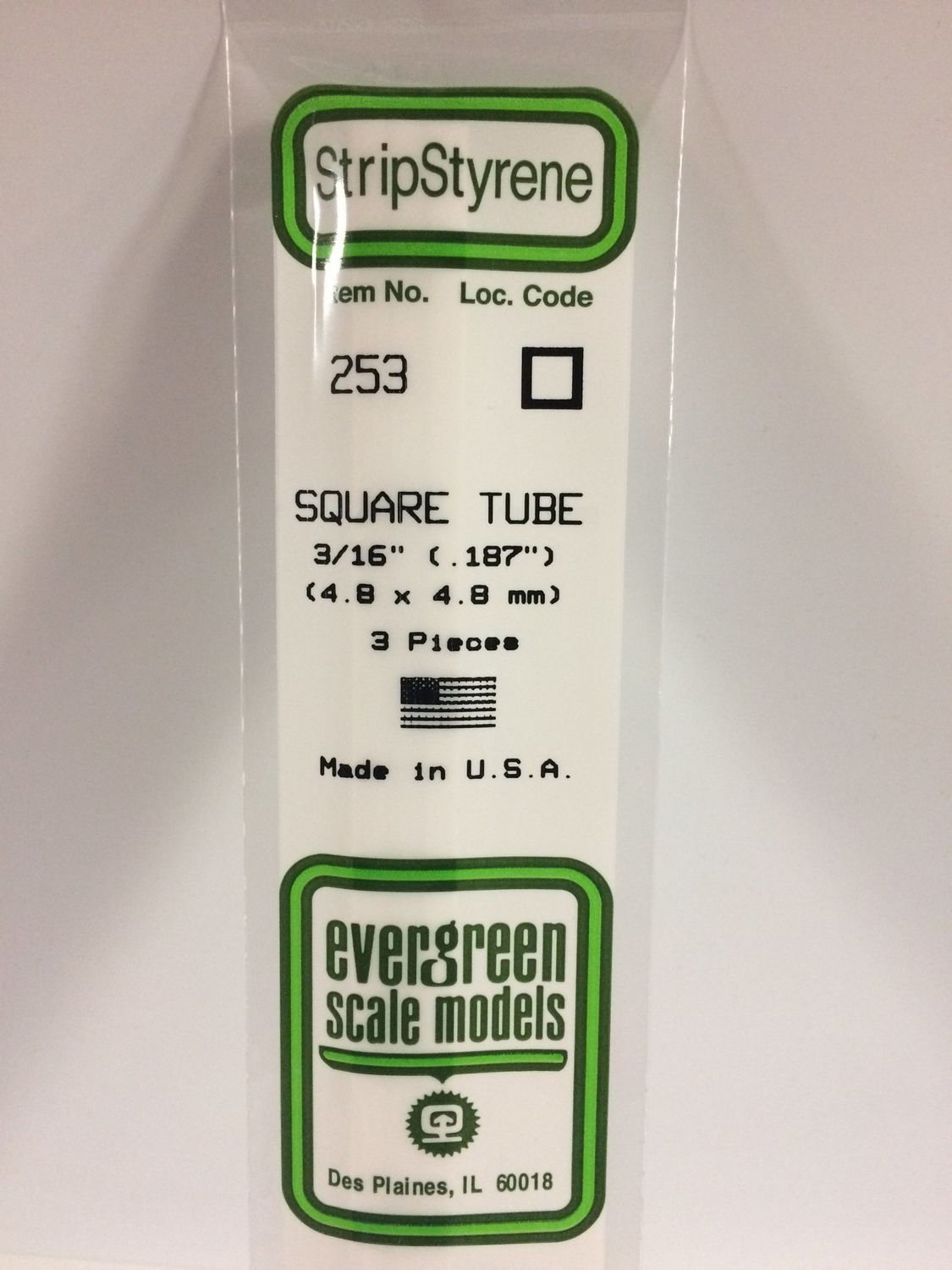 Evergreen 253 - .188" (4.8MM) OPAQUE WHITE POLYSTYRENE SQUARE TUBING
