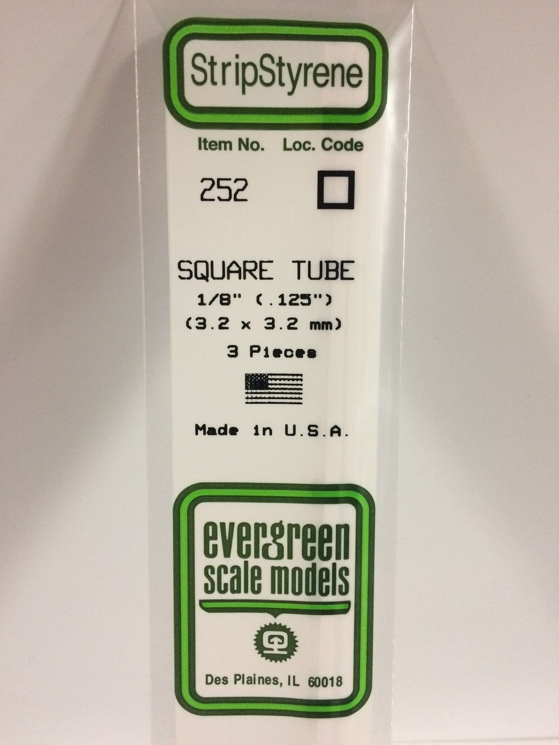 Evergreen 252 - .125" (3.2MM) OPAQUE WHITE POLYSTYRENE SQUARE TUBING