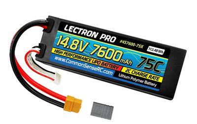 #4S7600-75X Common Sense RC Lectron Pro 14.8V 7600mAh 75C Hard Case Lipo Battery with XT60 Connector W/TRX Adapter