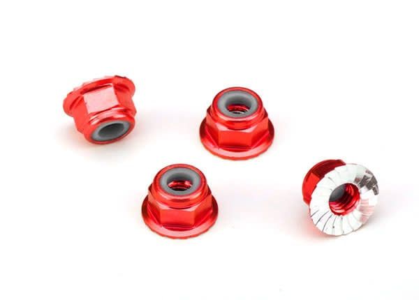 #1747A Traxxas 4mm Aluminum Flanged Serrated Nuts (Red) (4)