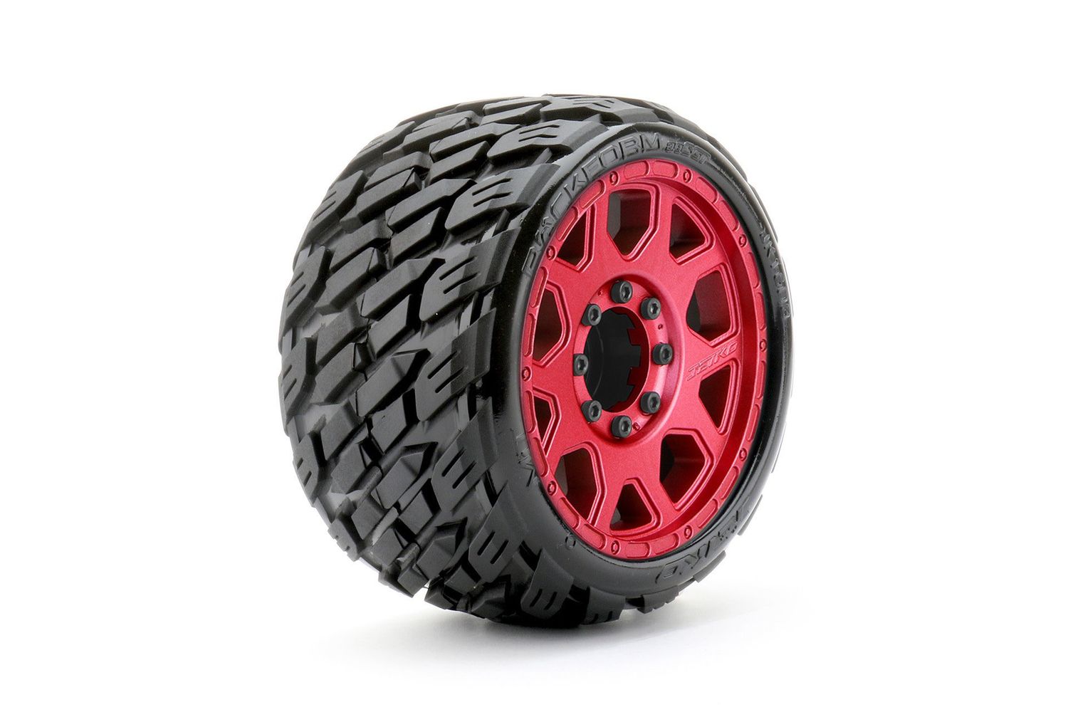 #JKO1603CRMSGBB2  Jetko Tires 1/8 SGT 3.8 EX-Rockform, Mounted on Metal Red Claw Rim, Medium Soft, Belted, Glued, 17mm 1/2" Offset